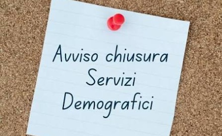 Visualizza la notizia: Avviso chiusura Ufficio Servizi Demografici - Lunedì 26 Ottobre Visualizza la notizia: Avviso chiusura Ufficio Servizi Demografici - Lunedì 26 Ottobre